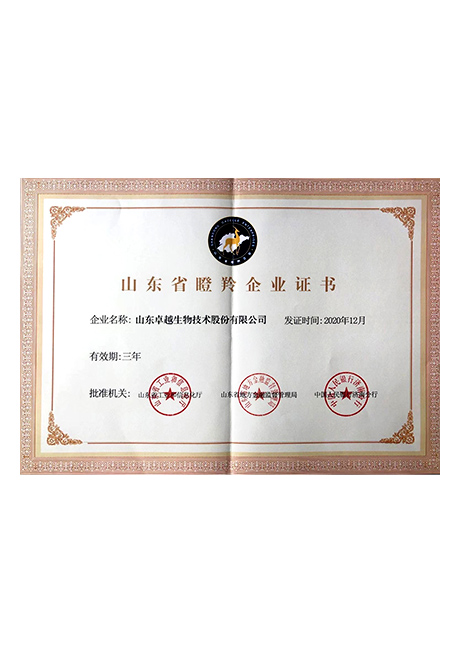 卓越生物2020年省瞪羚企業證書
